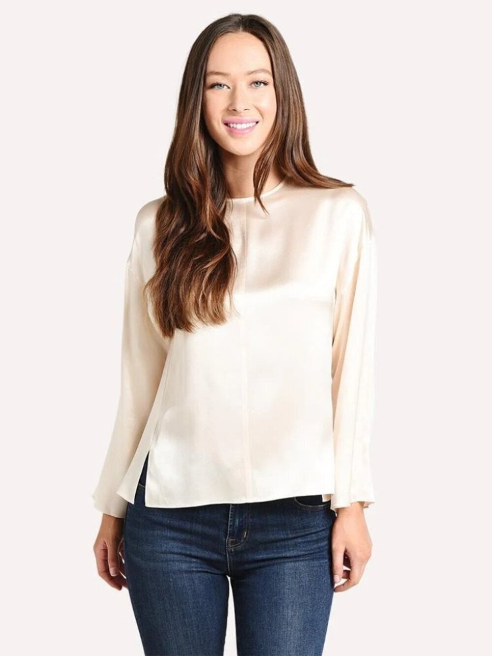 Vince Womens Zipper Long Sleeve Jewel Neck Blouse Size M Cream Silk Casual
